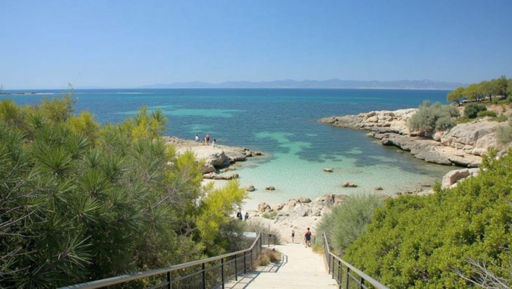 Panorámica de Caló de ses Lleonardes con arena y mar, Llucmajor