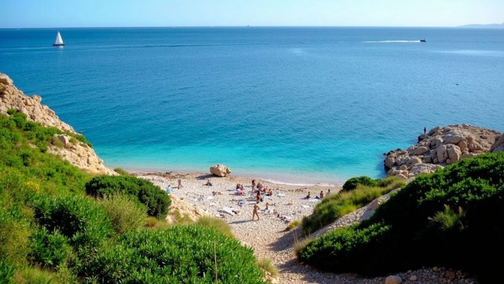 Detalle de arena y agua en Caló des Grells, Palma