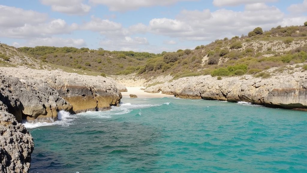 Orilla de Caló des Serral con olas suaves en Manacor