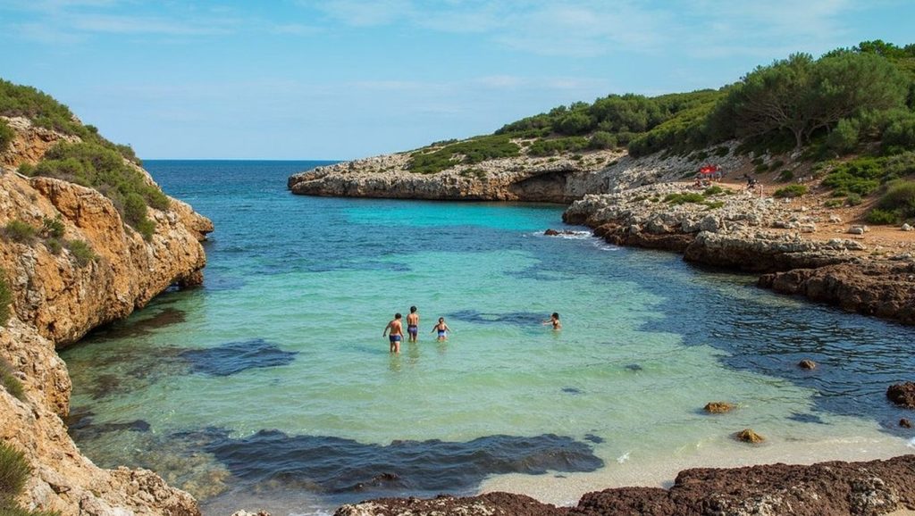 Detalle de arena y agua en Cala Brafi, Felanitx