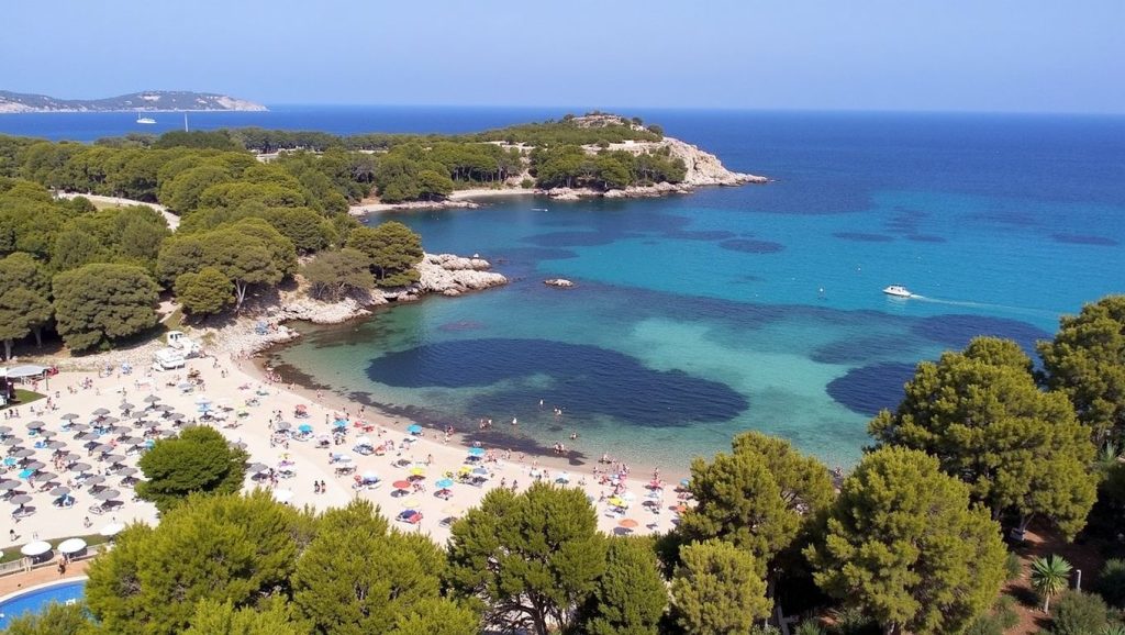 Panorámica de Cala de sa Font Salada con arena y mar, Artà