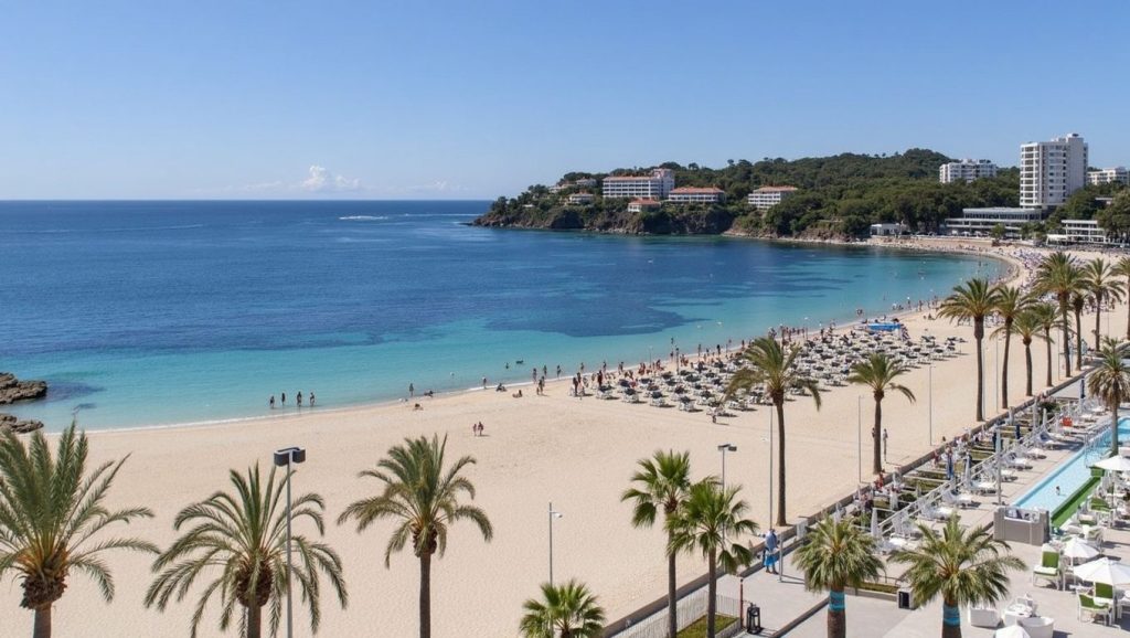 Orilla de Cala del Guix con olas suaves en Calvià