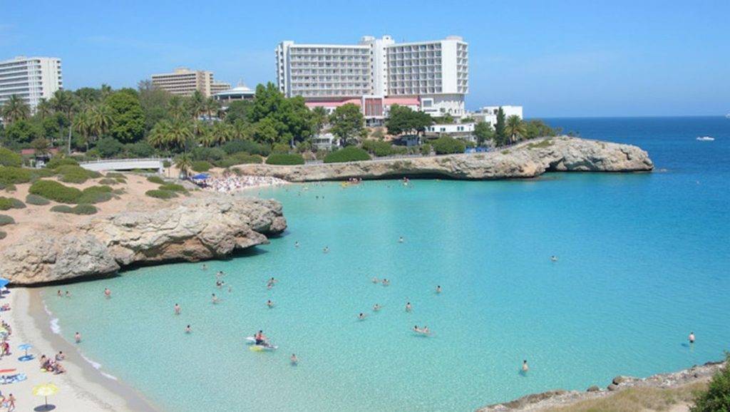 Orilla de Cala Domingos Petit con olas suaves en Manacor