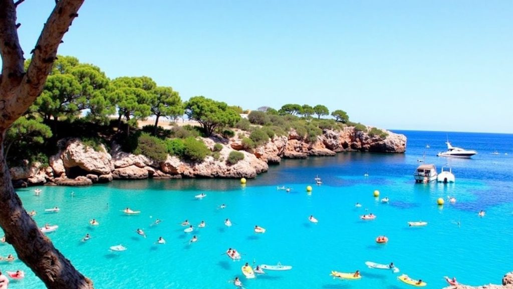 Panorámica de Cala Esmeralda con arena y mar, Felanitx / Santanyí