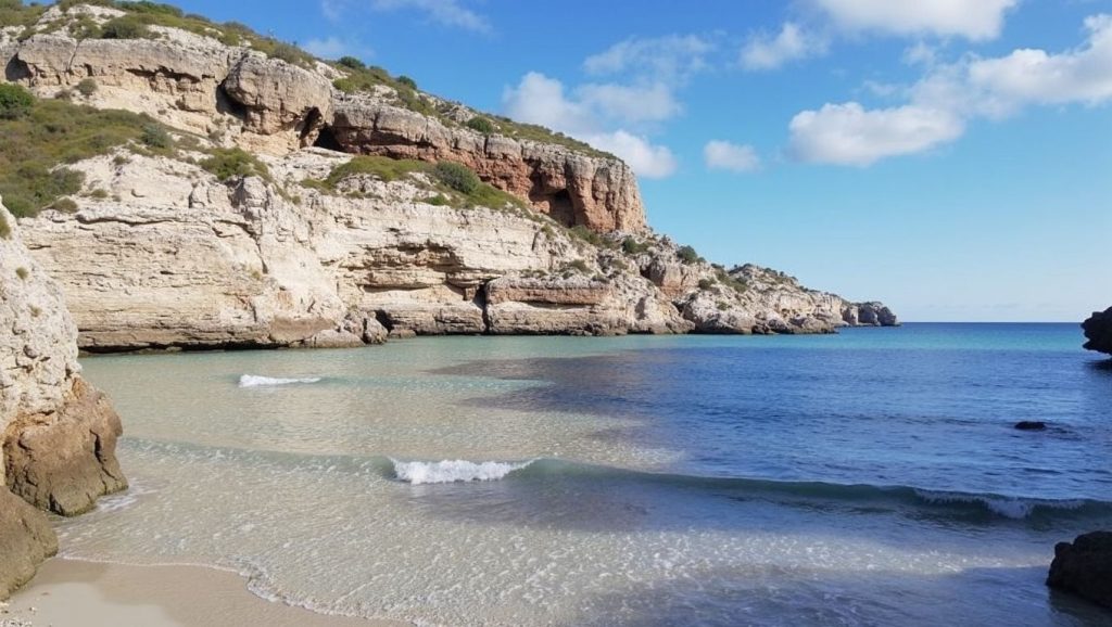 Orilla tranquila de Cala Màrmols, playa de Santanyí
