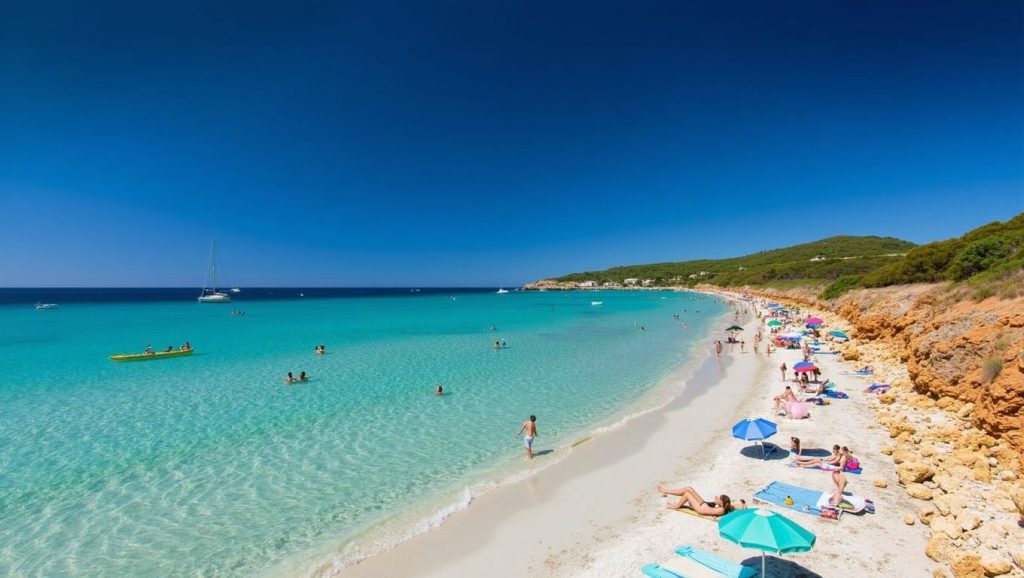 Arena y mar en Cala Mendia, Manacor, Mallorca