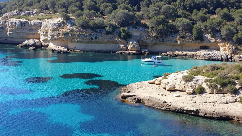Arena y orilla en Cala Mermessèn, Calvià, Mallorca