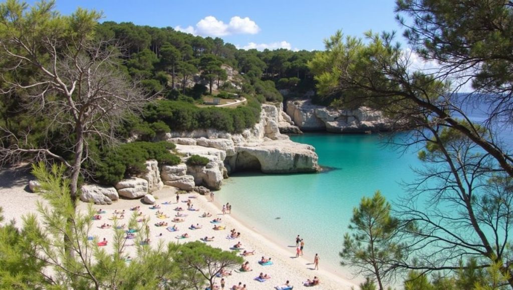 Arena y orilla en Cala Mitjana, Felanitx, Mallorca