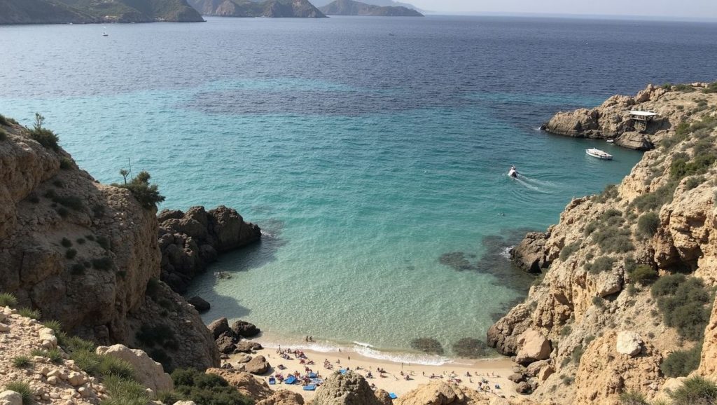 Orilla de Cala Tarida con olas suaves en Sant Antoni de Portmany