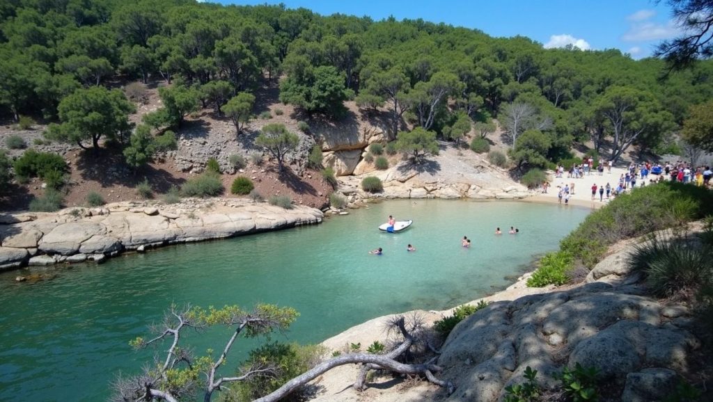 Orilla de Cala Vinyes con olas suaves en Calvià