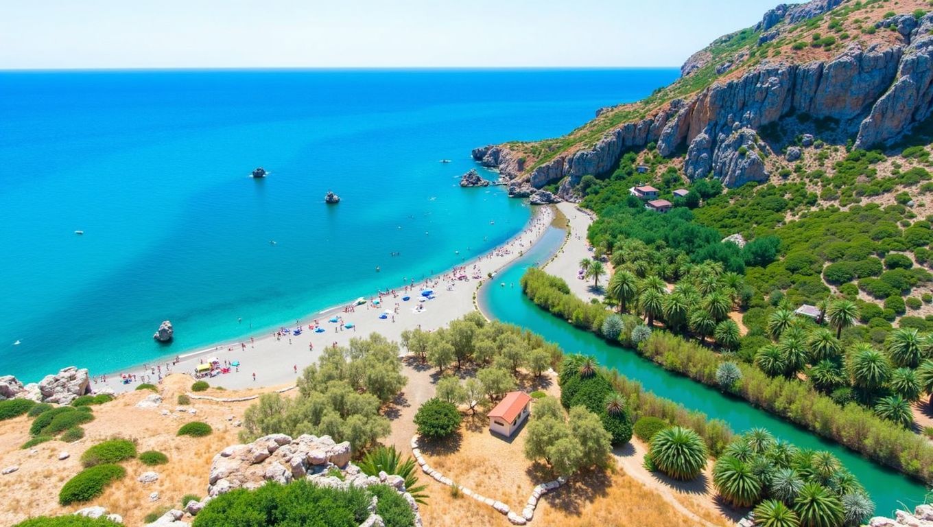 Preveli Beach con río y palmeras en Creta
