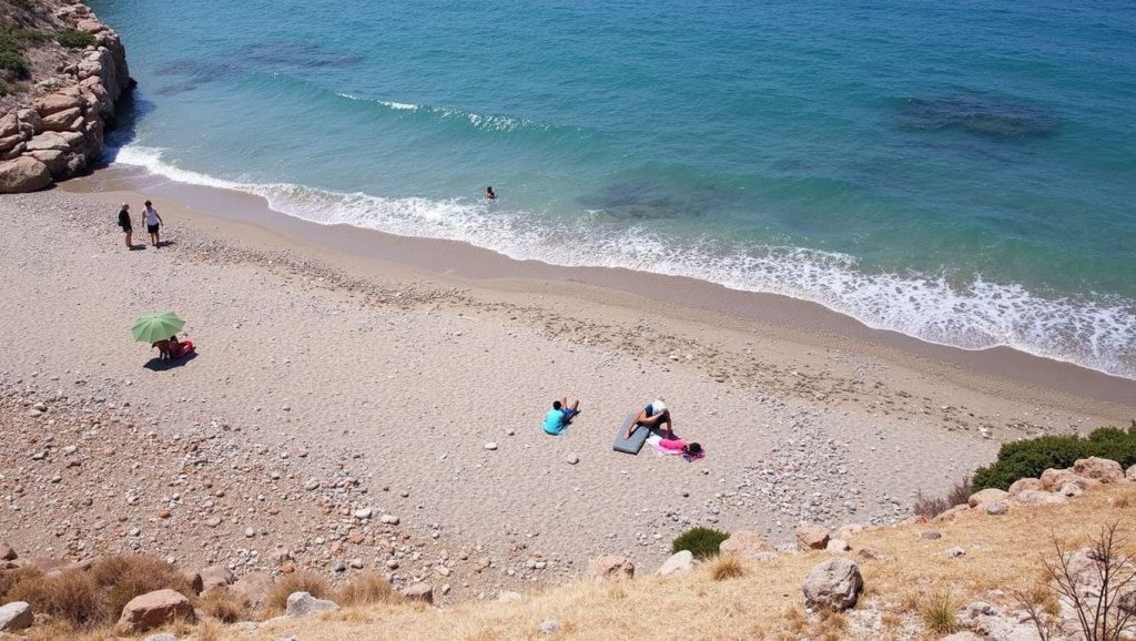 Panorámica de Platja d'Aiguadolç con arena y mar, Sitges
