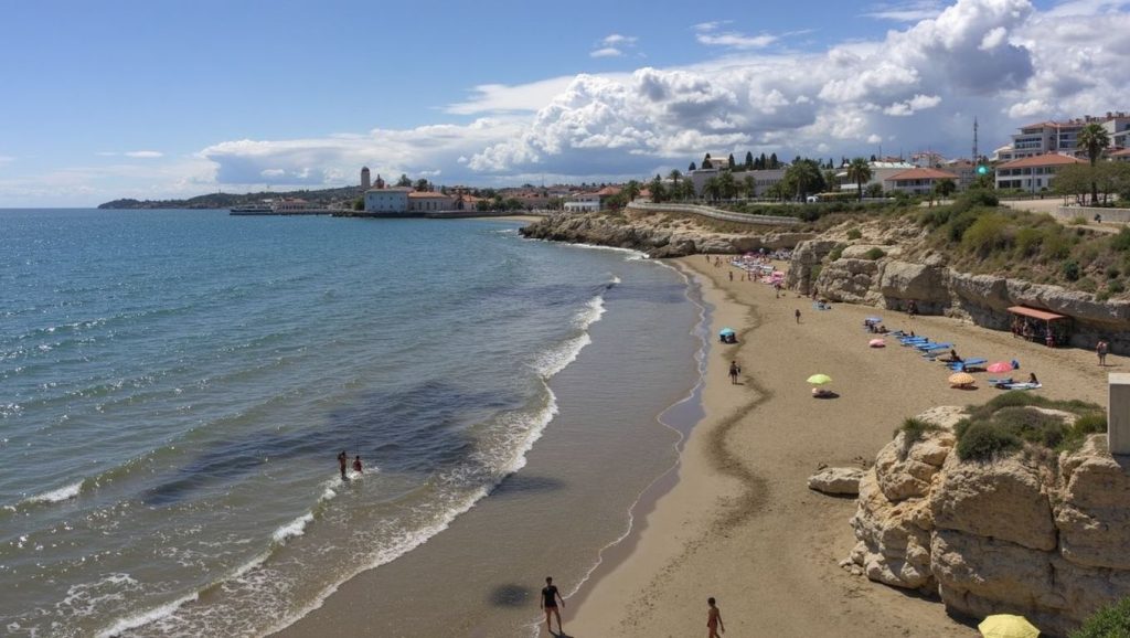 Oleaje en la orilla de Platja d'Aiguadolç, costa de Sitges