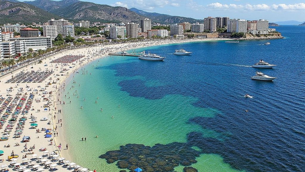 Arena y mar en Platja de Cala Bella Dona, Calvià, Mallorca