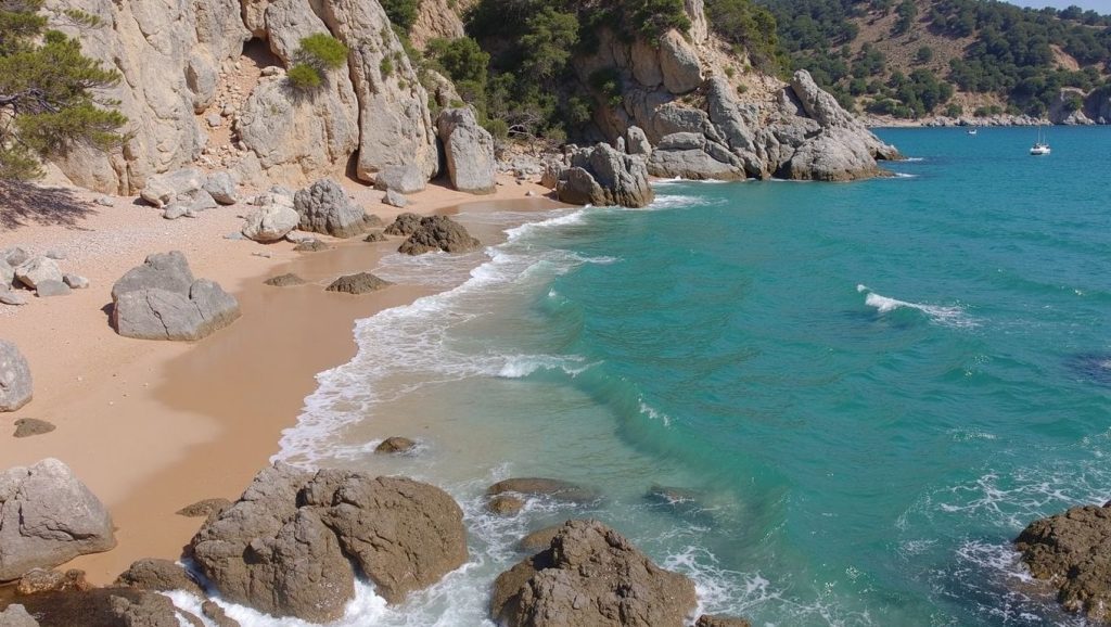 Arena y orilla en Platja de Canyelles, Sitges, Barcelona