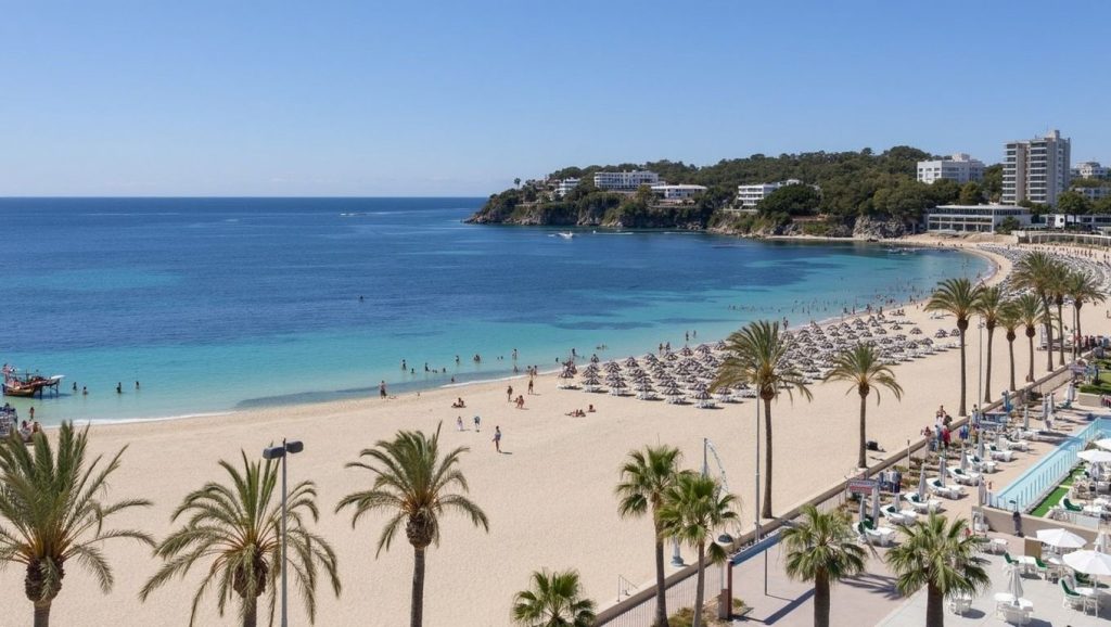 Oleaje en la orilla de Platja de Cas Català, costa de Calvià