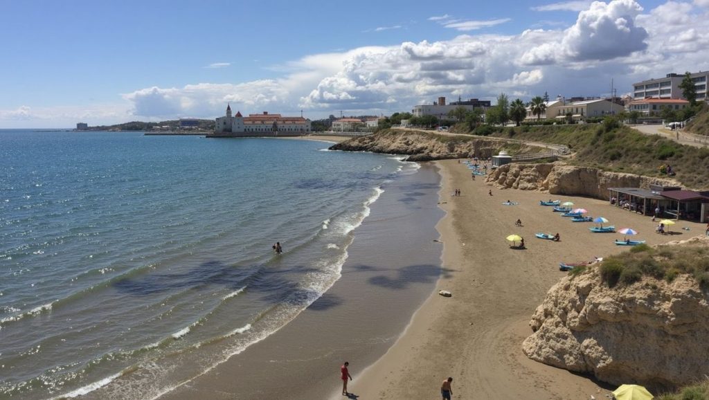 Oleaje en la orilla de Platja de l'Estanyol, costa de Sitges