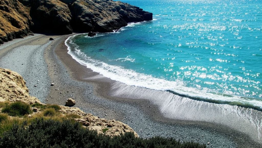 Panorámica de Platja de l'Home Mort con cielo despejado, Sitges