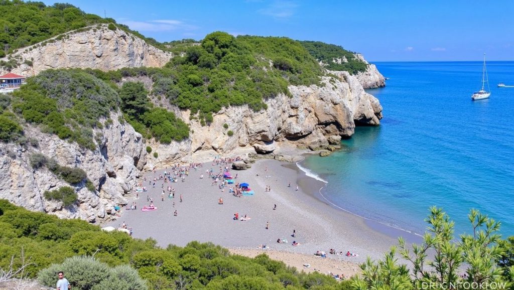 Oleaje en la orilla de Platja de l'Home Mort, costa de Sitges