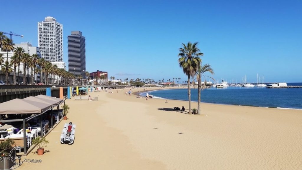 Orilla de Platja de la Barceloneta con olas suaves en Barcelona