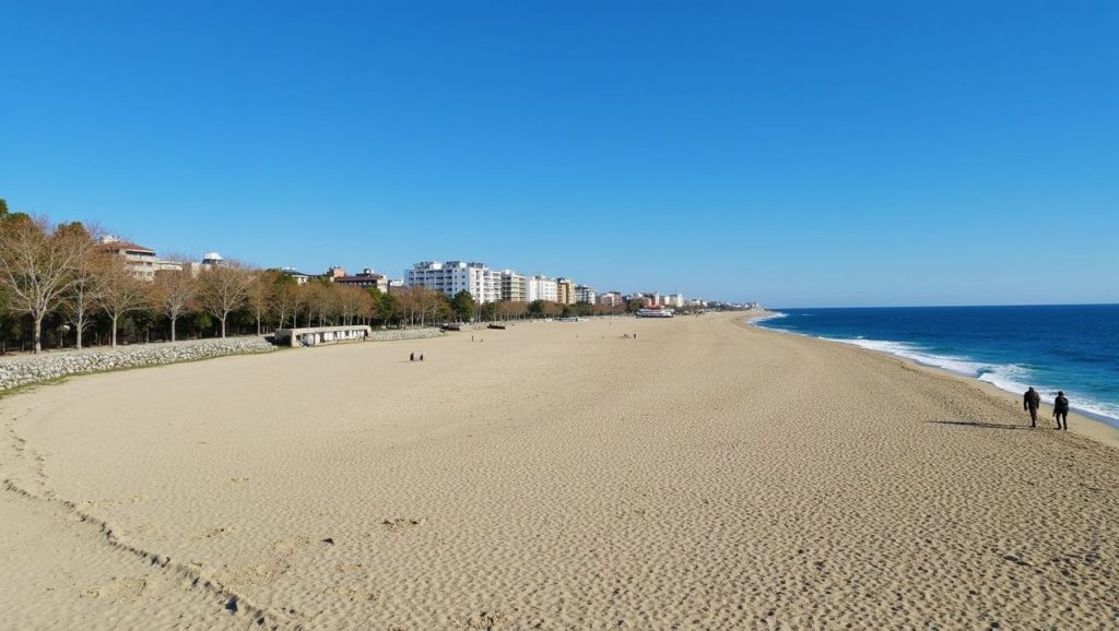 Vista amplia de Platja de la Barceloneta en Barcelona, Barcelona