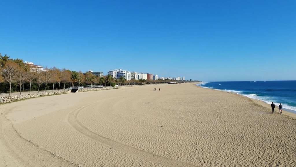 Vista amplia de Platja de la Nova Mar Bella en Barcelona, Barcelona