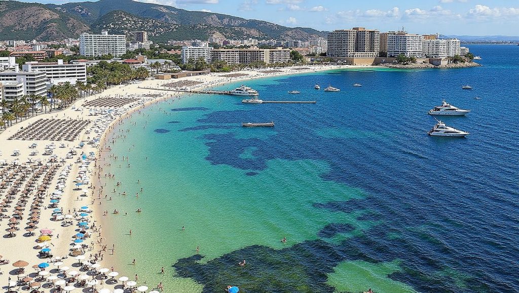 Panorámica de platja de la Punta dels Gats con arena y mar, Calvià