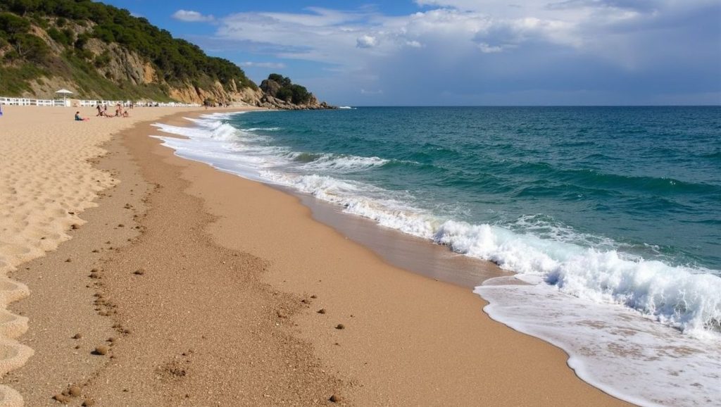 Panorámica de Platja de la Sala con arena y mar, Sant Pol de Mar