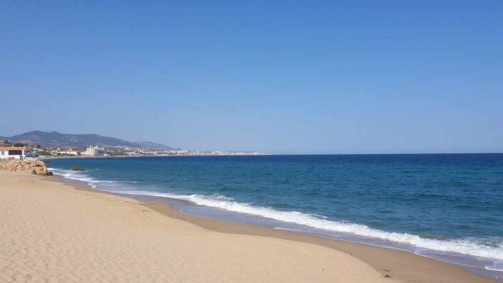 Orilla de Platja de Pont del Petroli con olas suaves en Badalona