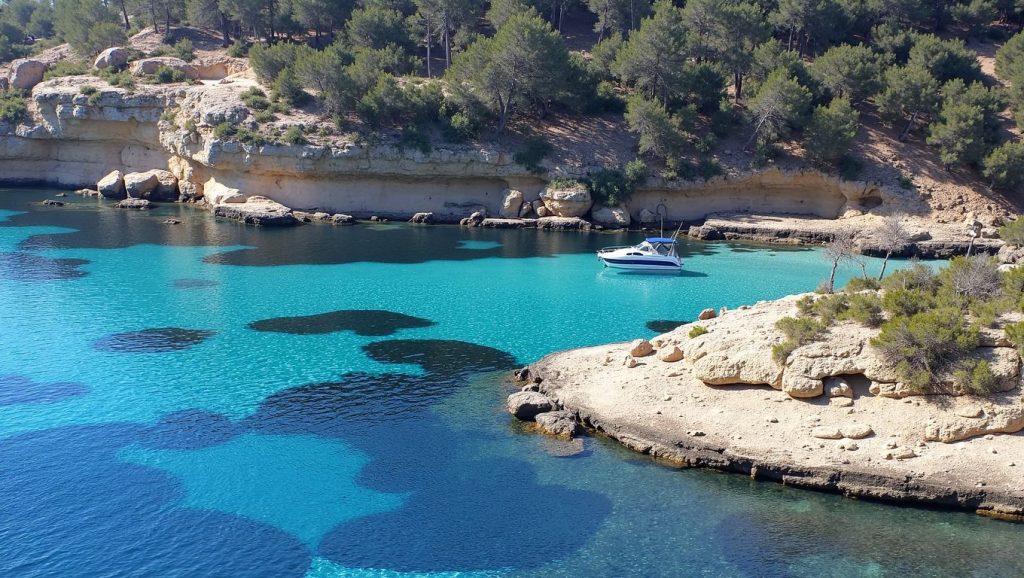 Orilla de Platja de Punta Portals con olas suaves en Calvià