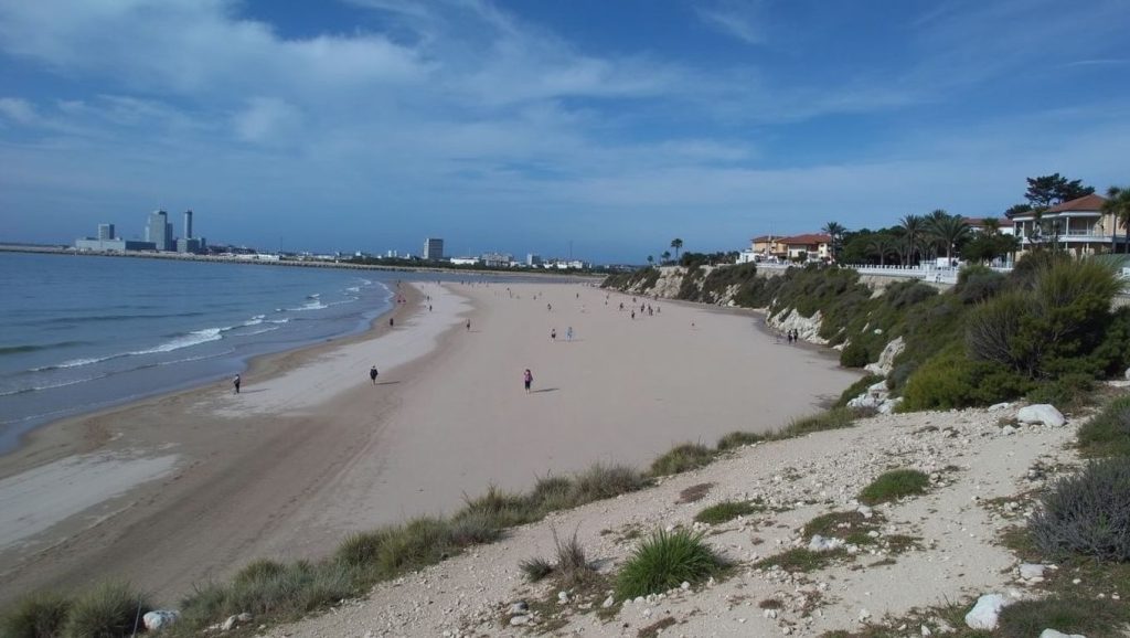 Oleaje en la orilla de Platja de Ribes Roges, costa de Vilanova i la Geltrú