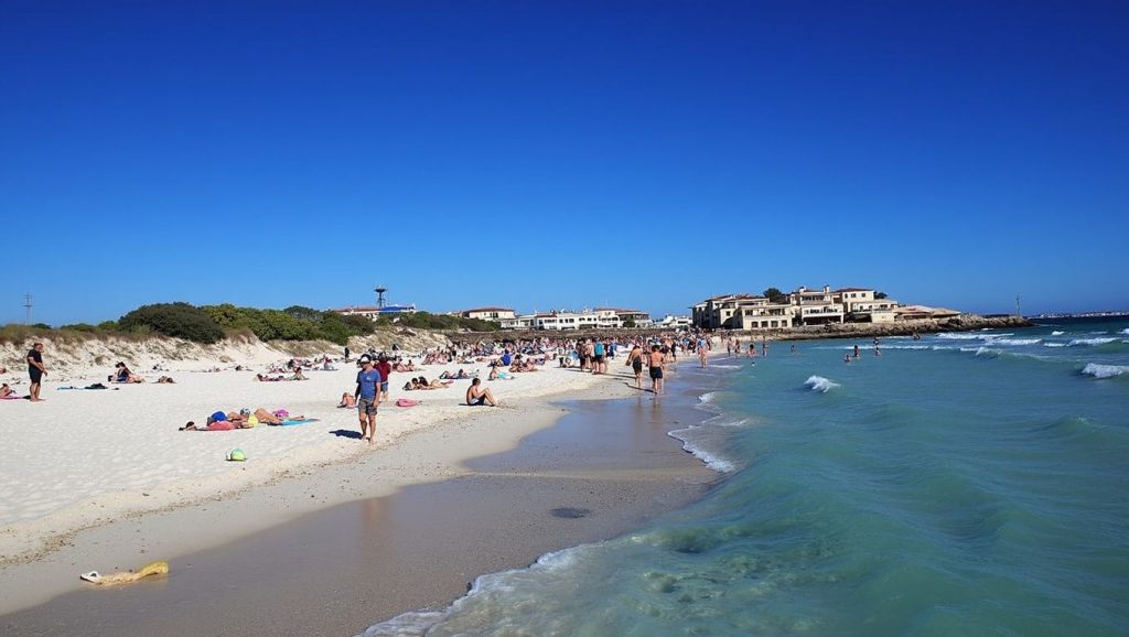Panorámica de Platja de s'Arenal de sa Ràpita con arena y mar, Campos