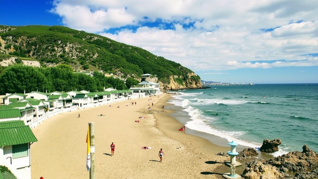 Vista amplia de Platja de Sant Simó en Mataró, Barcelona