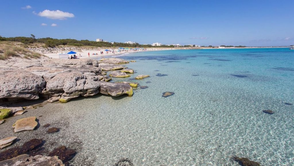 Orilla de Platja de Ses Canyes con olas suaves en Formentera