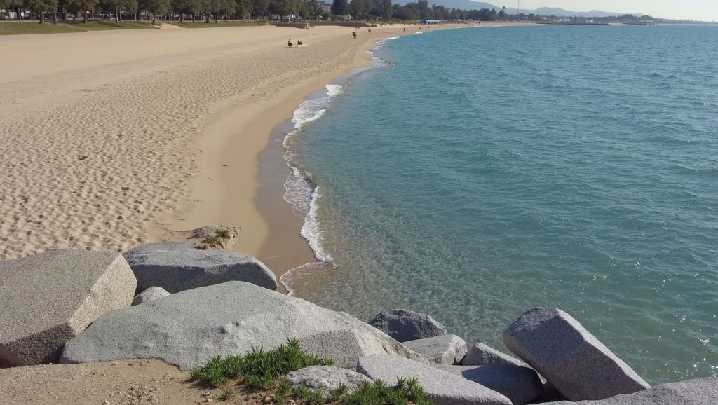 Arena y mar en Platja del Varador, Mataró, Barcelona