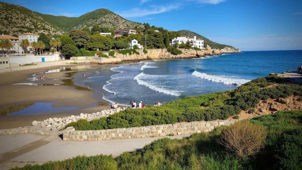 Orilla de Platja dels Balmins con olas suaves en Sitges