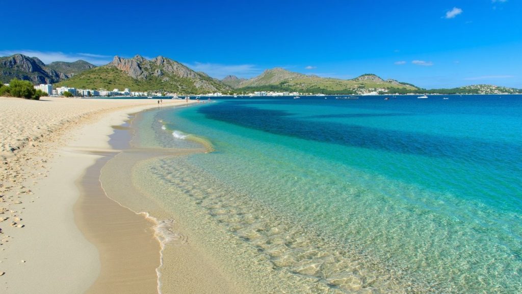 Arena y mar en Platja des Través, Pollença, Mallorca