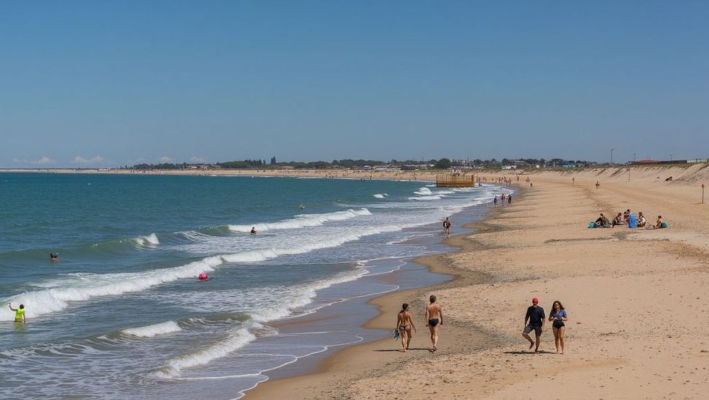 Panorámica de Playa Camposoto con arena y mar, San Fernando