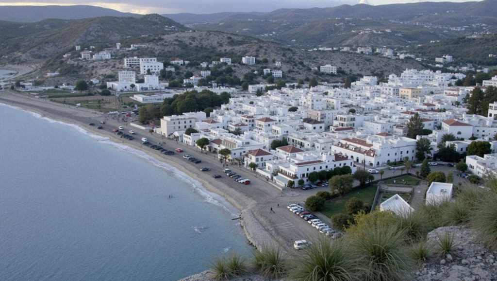 Panorámica de Playa de Agua Amarga con arena y mar, Níjar