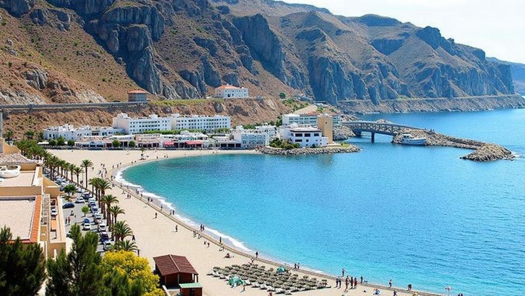 Panorámica de Playa de Aguadulce con cielo despejado, Roquetas de Mar