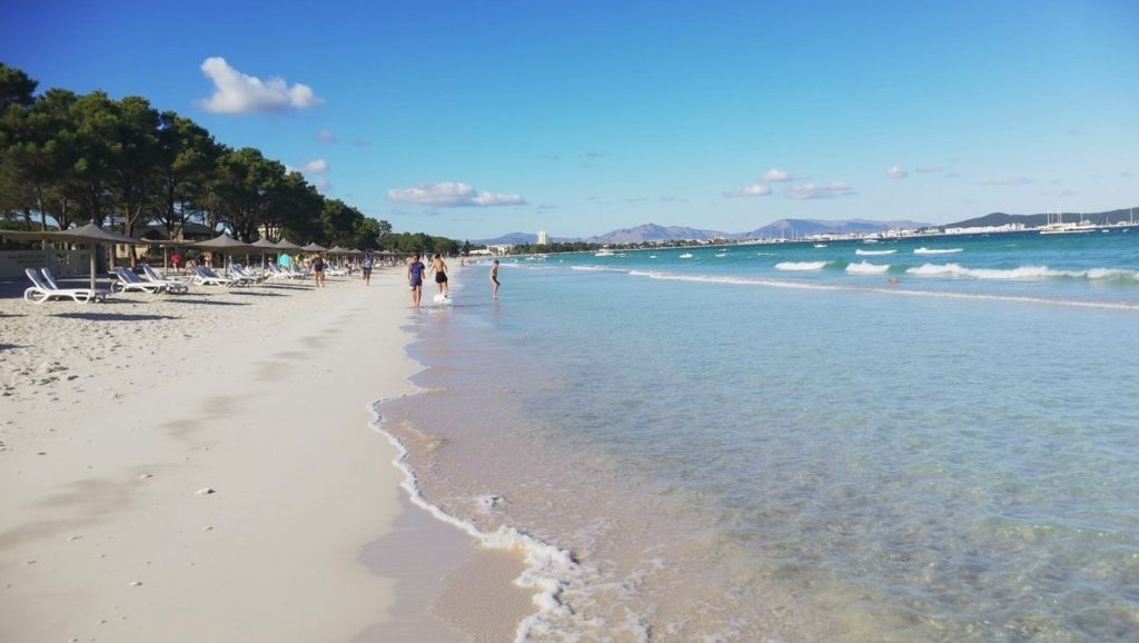 Orilla de Playa de Alcúdia con olas suaves en Alcúdia
