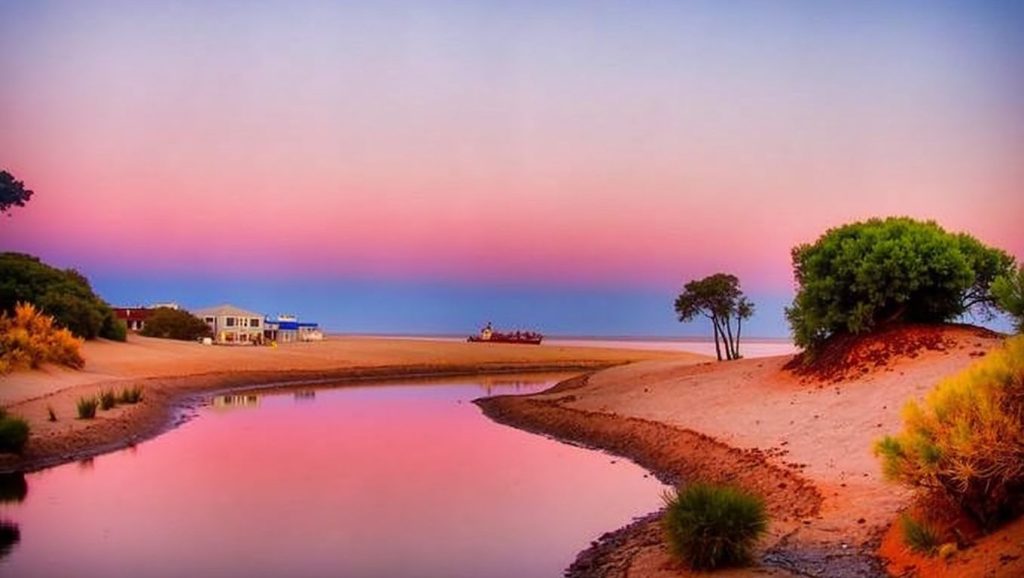 Vista de Playa de El Rompido (frente al pueblo) desde la orilla, Cartaya