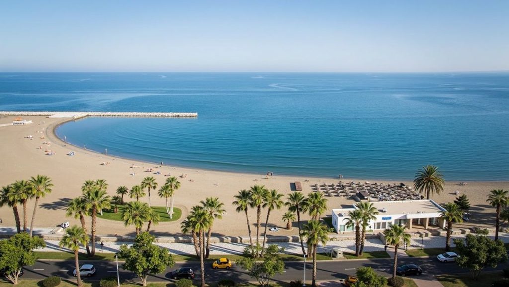 Panorámica de Playa de la Malagueta con arena y mar, Málaga