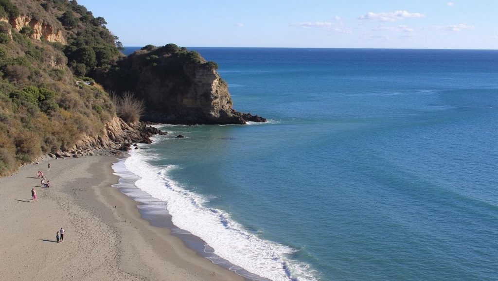 Arena y orilla en Playa de Las Alberquillas, Nerja, Málaga