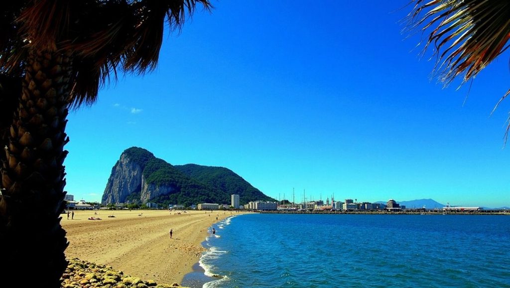 Orilla de Playa de Poniente con olas suaves en La Línea de la Concepción