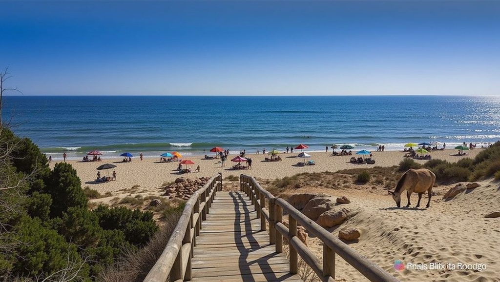 Orilla de Playa del Arenosillo con olas suaves en Moguer