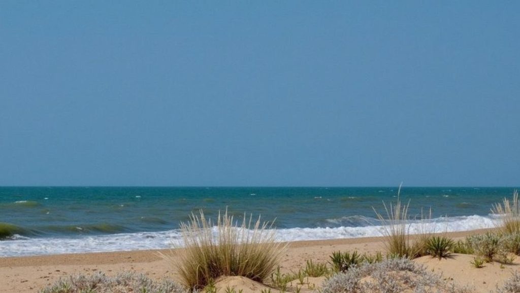 Panorámica de Playa del Espigón (Juan Carlos I) con cielo despejado, Huelva