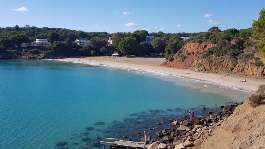 Panorámica de Playa des Canar con arena y mar, Santa Eulàlia des Riu