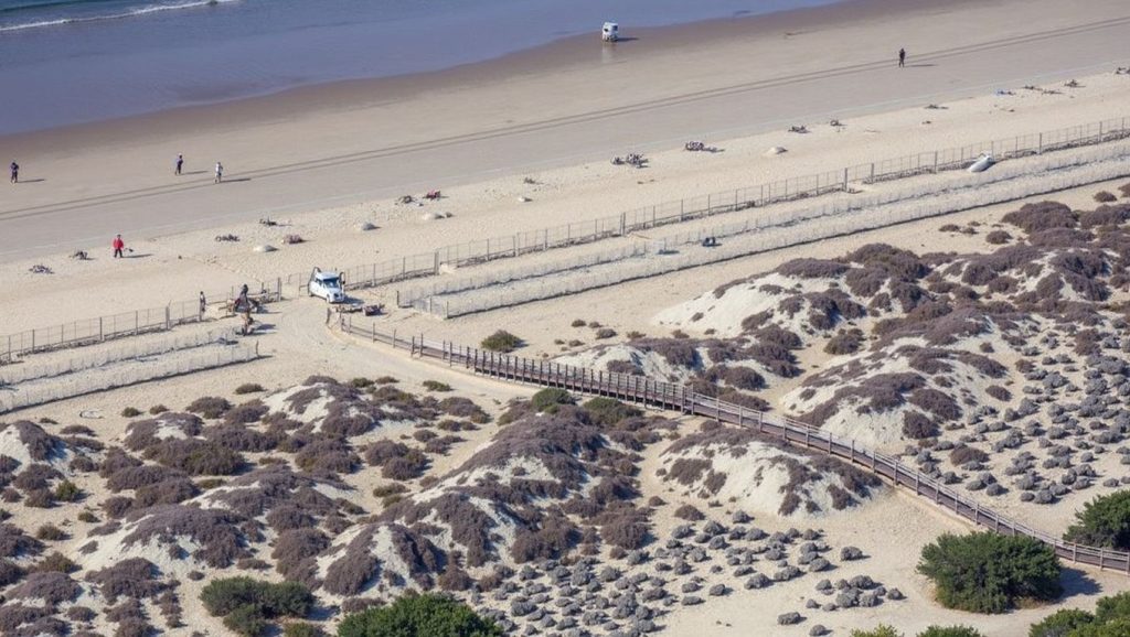 Orilla de Playa Los Enebrales con olas suaves en Punta Umbría