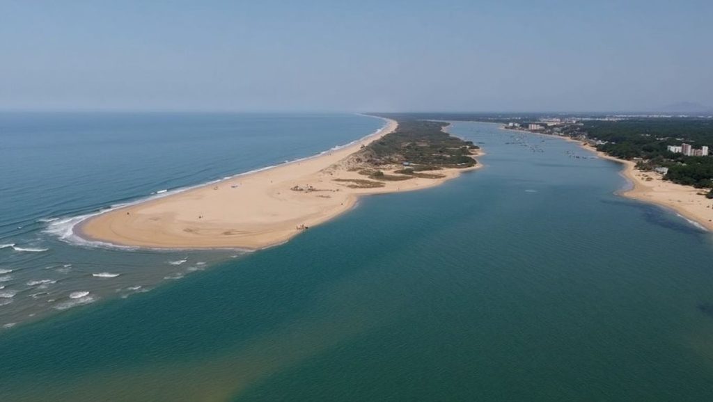 Panorámica de Playa Nueva Umbría (Flecha del Rompido, lado Lepe) con cielo despejado, Lepe
